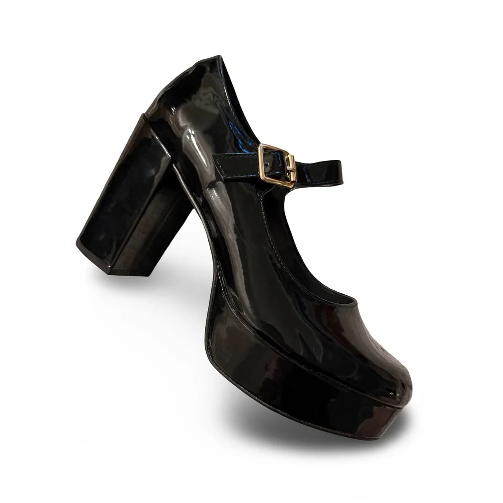 Coutgo Black Patent Leather Platform Mary Jane Block Heels Sz 11 NEW